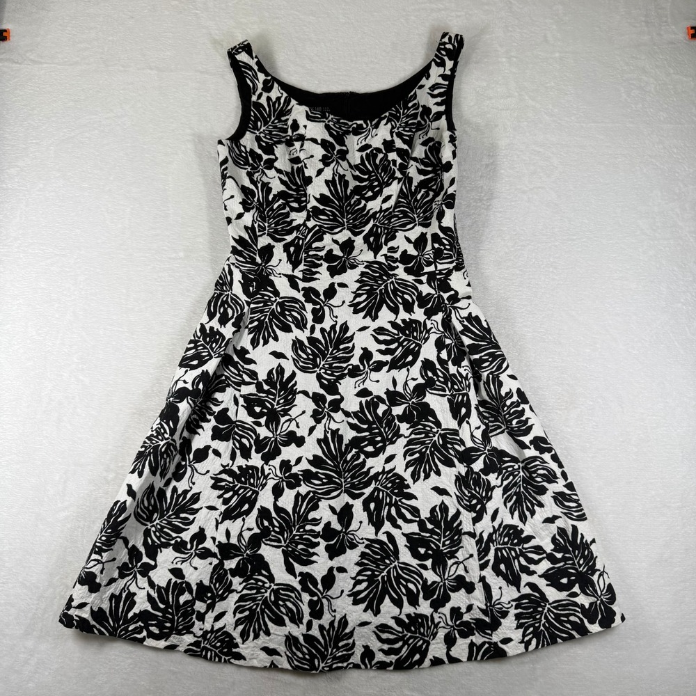 Lafayette 148 New York Black White Floral Cotton Fit Flare Dress Womens 8